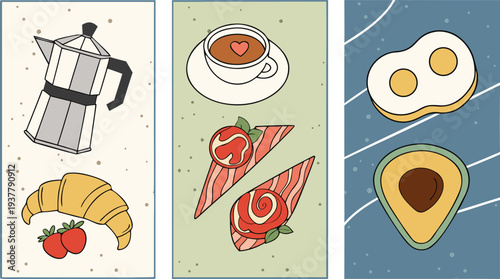 Breakfast food illustrations of coffee croissant eggs avocado and strawberries