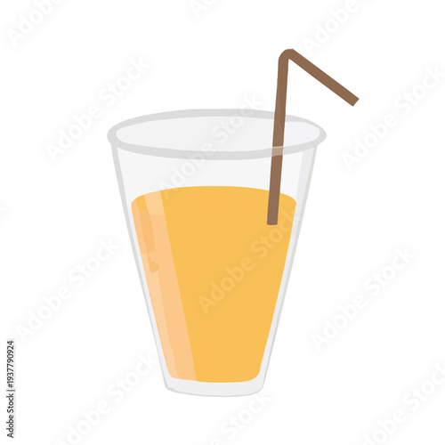 A transparent glass filled with orange liquid and a brown straw on a white background