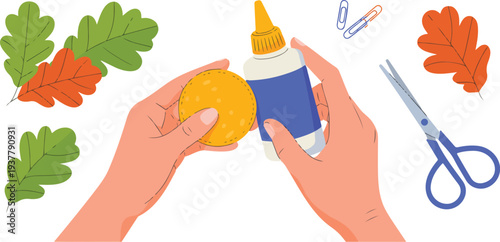 Hands Crafting with Paper, Glue and Scissors Flat Minimal Illustration