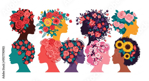 Diverse group of women with floral hairstyles symbolizing beauty and empowerment in a vibrant illustrative style