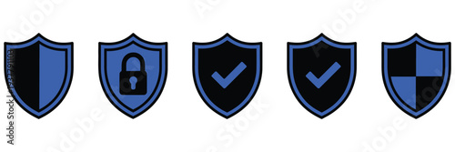 shield icons for security and protection concepts in black and white, vector set isolated on white background for cybersecurity graphics, data protection, app interfaces, and digital design projects.
