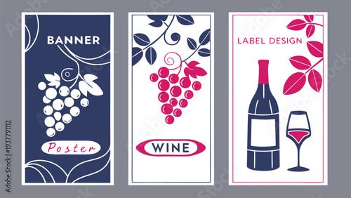 Wine poster and banner designs with grapes and bottle illustrations for advertising and label making