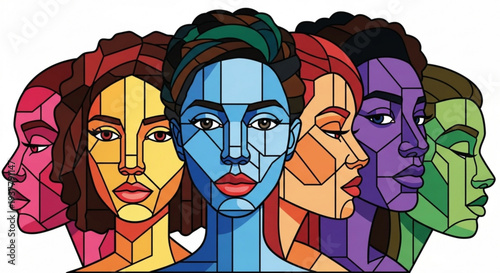 Diverse group of women's faces in colorful geometric shapes representing unity and individuality in a modern abstract style
