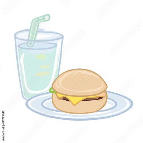 Cartoon illustration featuring a glass of drink with a straw and a hamburger