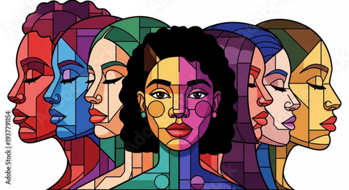 Diverse group of women's faces in profile and front view colorful mosaic style illustration representing unity and individuality
