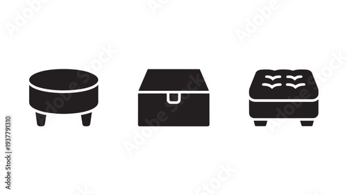 Black Icons Of Ottoman, Storage Box, And Bed On White Background For Furniture And Home Decor Concepts