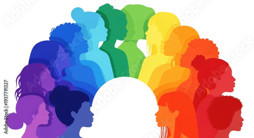 Diverse group of people in rainbow colors forming a circle of unity and inclusivity with vibrant silhouettes