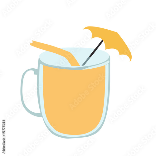 A colorful, cartoonish beverage in a glass with a straw and umbrella