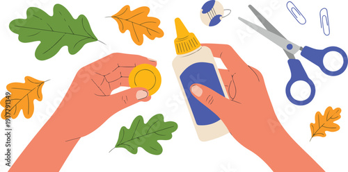 Hands Crafting with Paper, Glue and Scissors Flat Minimal Illustration