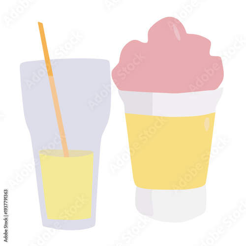 Minimalist illustration of a tall glass with a straw and a cup of pink frozen dessert