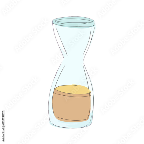 An illustrated hourglass, with lines and filled with sand, set against a white background