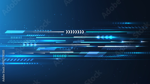 Abstract futuristic technology background with high speed blue and white light trails and geometric motion lines, data flow and digital connectivity in modern cyberspace environment