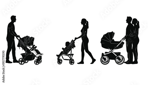Stroller silhouette vector illustration of parents with baby in black