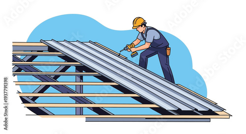 Roofer installing metal roofing vector