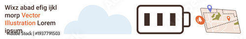 Cloud technology, data storage, energy solutions, navigation, route planning, mobile services. Cloud icon, charging battery navigation map with pin. Cloud technology and energy solutions concept