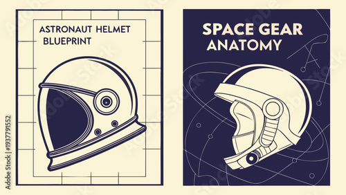 Astronaut helmet blueprints and space gear anatomy illustrations for spacecraft exploration and technology