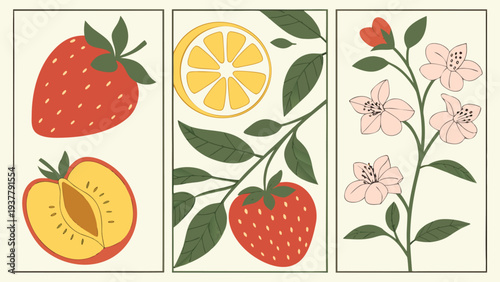 Vibrant fruit and flower illustrations in panels strawberries lemon peach and blossoms on cream background