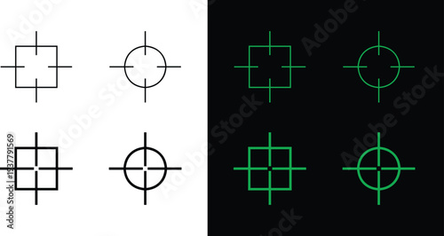 Crosshair target icons for aim, focus, and precision concepts. Minimal reticle symbols with square and circle marks for targeting systems. Clean vector graphics for gaming UI, navigation tools, 
