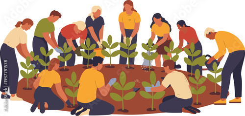 Community Gardening Illustration with Diverse People Planting Green Plants