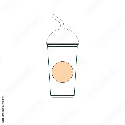 Outlined beverage cup with dome lid and straw, with a central peach-colored circle on the body