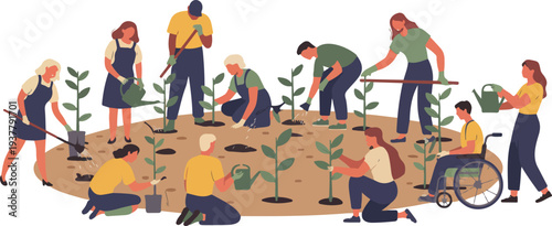 Community Gardening Illustration with Diverse People Planting Green Plants