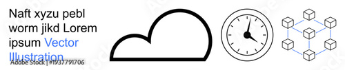 Cloud computing, blockchain technology, time management, data storage, digital innovation, network design. Cloud shape, clock cube network. Cloud computing and blockchain technology theme