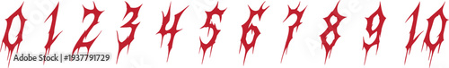 Grunge horror number set with dripping style typography. Sharp distorted numerals create dark edgy aesthetic for posters, music artwork, and Halloween graphics. Bold gothic design adds dramatic visual
