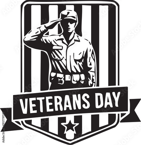 Veterans Day soldier salute badge with American flag background, patriotic military tribute