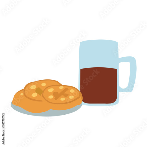 Illustration of cookies and beverage in a glass mug. Simple, minimalist style with solid colors