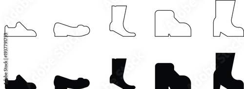 Footwear silhouette icon set with shoe and boot shapes in outline and solid style. Minimal fashion symbols perfect for apparel branding, retail graphics, and UI design. Clean vector collection isolate
