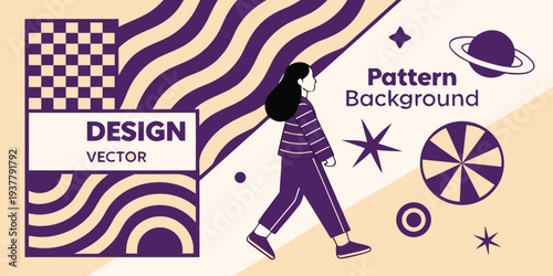 Vector illustration of a woman walking on a vibrant purple and yellow pattern background with geometric shapes and text