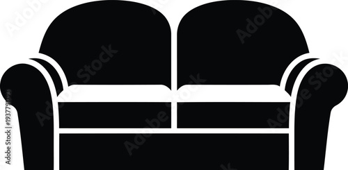 Black Two Seater Sofa Vector Icon Isolated on White Background for Interior Design Living Room Furniture and Home Decor Graphics