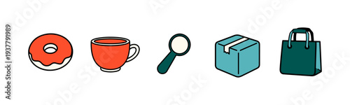 Colorful icons of food, drink, and shopping items for business or lifestyle use