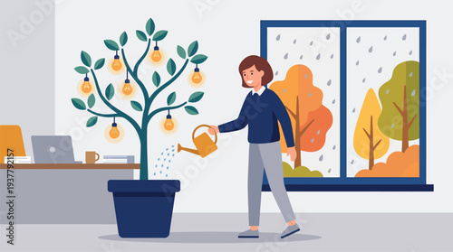Woman Watering Money Tree in Office.