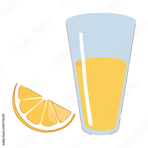 Illustration of a glass filled with orange juice and a slice of orange