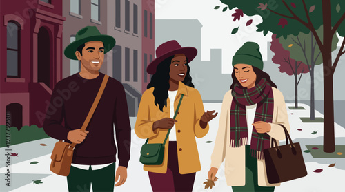 Three People Walking Together on Street.