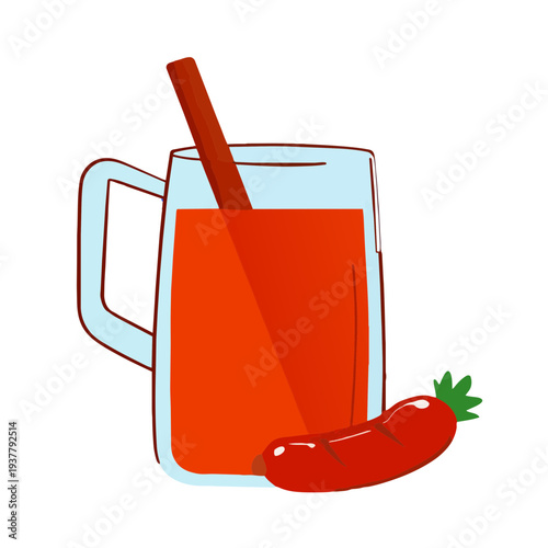 A cartoon-style image of a glass mug filled with orange liquid and a stirring stick