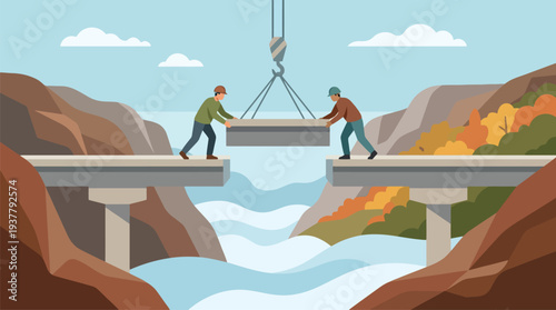 Men Assembling Bridge Sections Together.