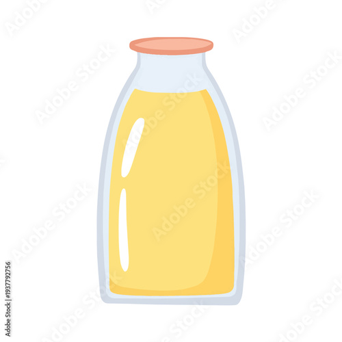 A clear glass bottle with a yellow liquid and a peach-colored lid on a white background
