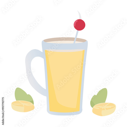 Stylized illustration of a drink in a mug, garnished with a cherry on a toothpick