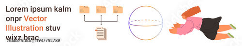 Information sharing, team collaboration, workflow automation, creative thinking, digital solutions, innovation. Three folders connecting to a document and an abstract circle, and a person floating