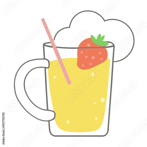 An illustration depicting a glass of yellow drink with a strawberry, straw, and cloud shape