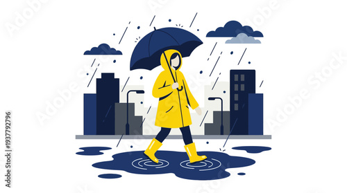 Woman Walking in Rain with Umbrella.