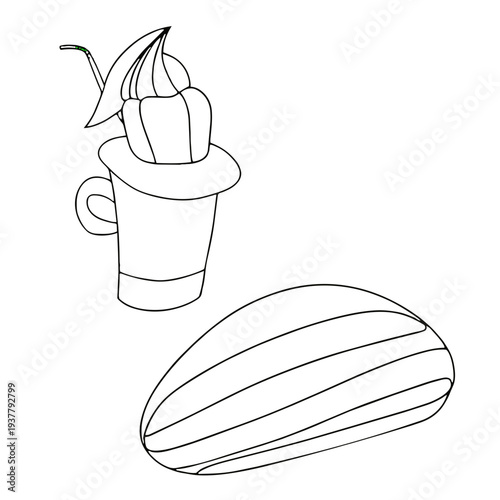 Simple outline drawing of a tall, decorated beverage in a mug, with a straw and garnish