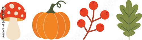 Autumn Harvest Illustration with Pumpkin, Mushrooms, Berries and Oak Leaves Flat Design
