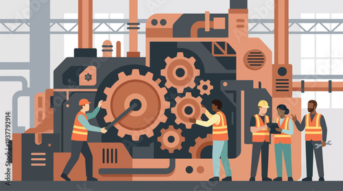 Industrial Machinery with Workers in Factory Setting.