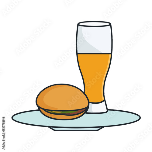 Vector illustration of a tall glass of beer with orange drink and a round food item below