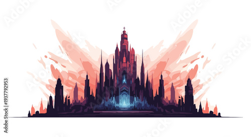Silhouette of Fantasy Castle with Spires.