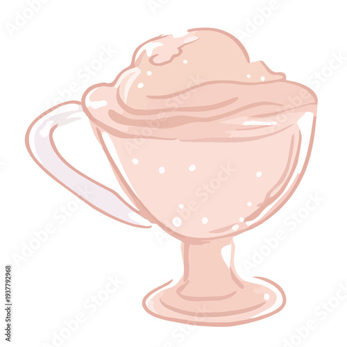 A stylized illustration of a mug filled with a creamy beverage, with whipped topping