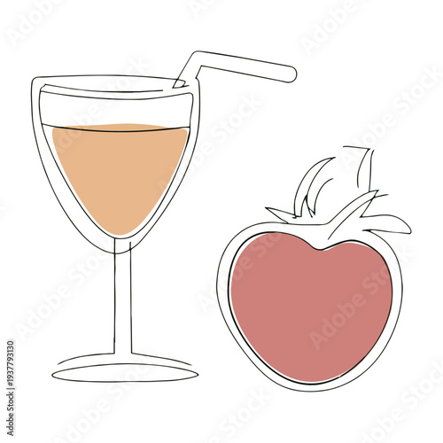 Minimalist line art of a drink in a glass with a straw, paired with a fruit outline